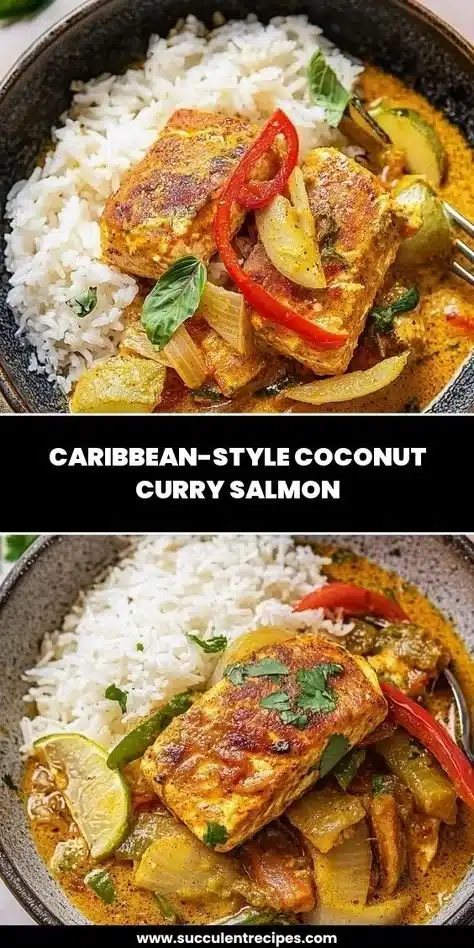 Delicious Caribbean-style coconut curry salmon served with fresh vegetables.
