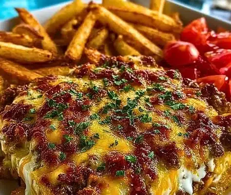 Cheeseburger French Fry Casserole 5 Cheeseburger Casserole topped with crispy French fries in a baking dish