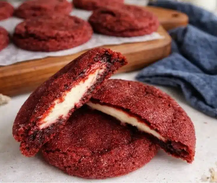 Cheesecake stuffed red velvet cookies on a baking sheet.