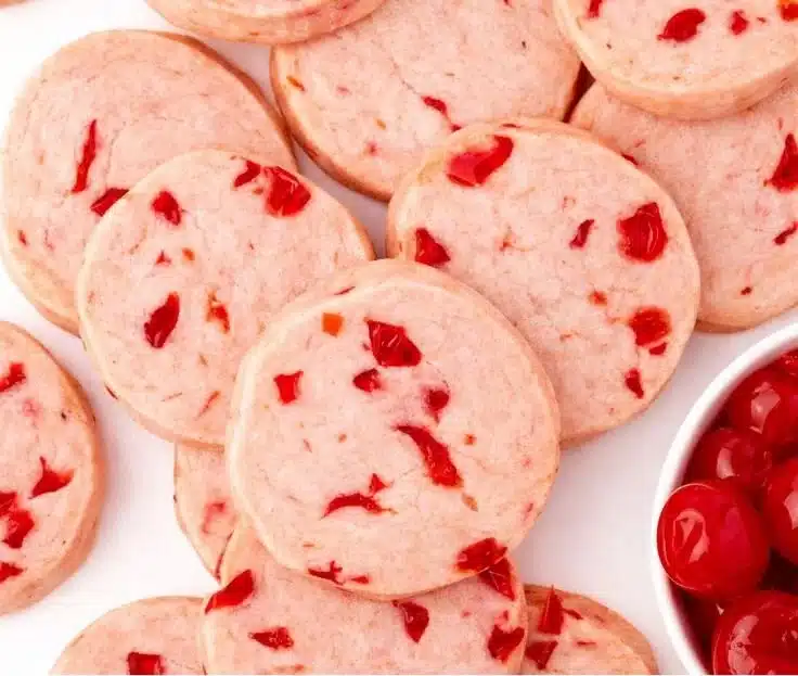 Delicious Cherry Almond Shortbread Cookies on a plate