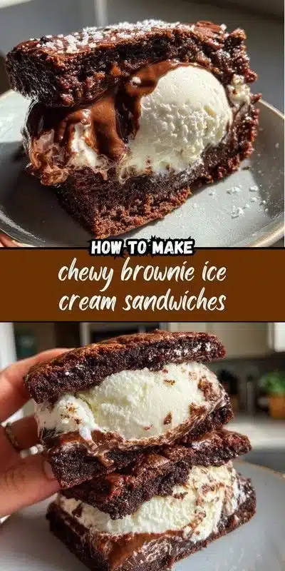 Chewy brownie ice cream sandwiches stacked with rich chocolate flavor