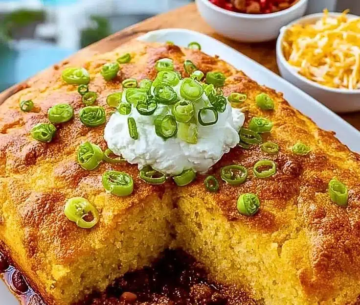 Chili and Cornbread Casserole 8 Delicious Chili Cornbread Casserole served in a baking dish