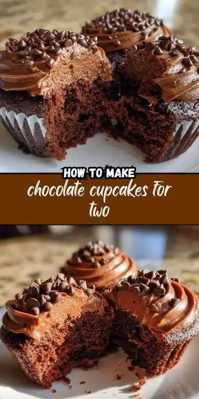 Chocolate Cupcakes for Two 9 Delicious chocolate cupcakes for two, topped with chocolate frosting.