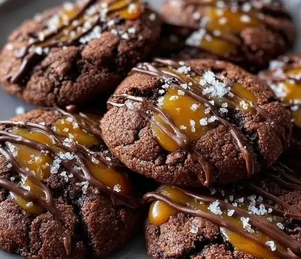 Delicious chocolate peanut butter cookies topped with gooey caramel drizzle