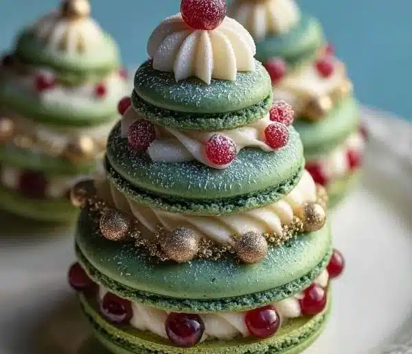Christmas Tree Cake Macarons decorated for festive holiday celebrations