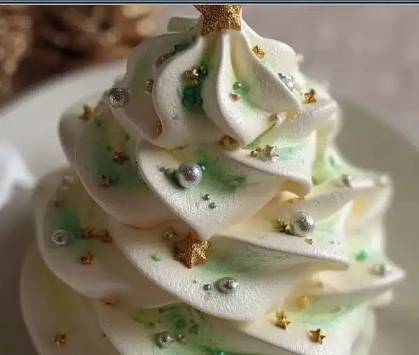 Festive Christmas Tree Meringues displayed on a holiday-themed platter