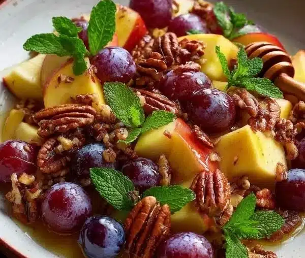 Cinnamon-spiced apple and red grape salad with toasted pecans and honey drizzle