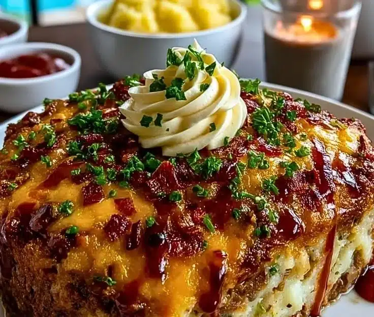 Classic Comfort Loaded Potato Meatloaf 8 Delicious loaded potato meatloaf served with fresh herbs and sides.