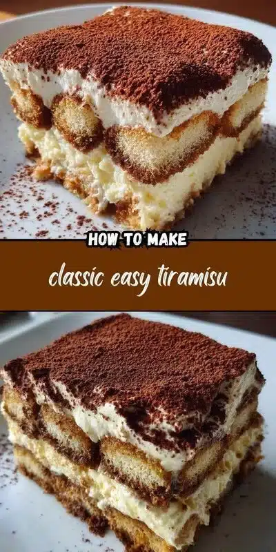 Delicious classic easy tiramisu dessert served on a white plate with cocoa dusting.