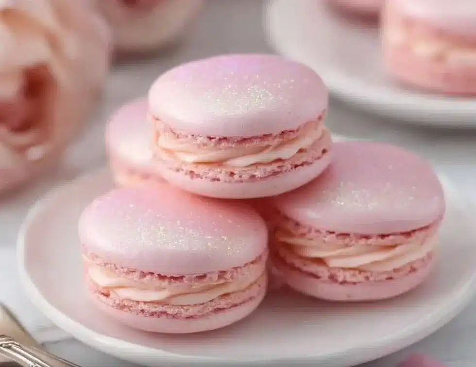 Classic French macarons with colorful buttercream filling displayed on a plate.