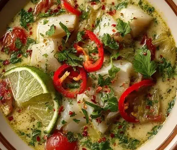 Coconut Lime Fish Soup garnished with herbs and lime slices in a bowl.
