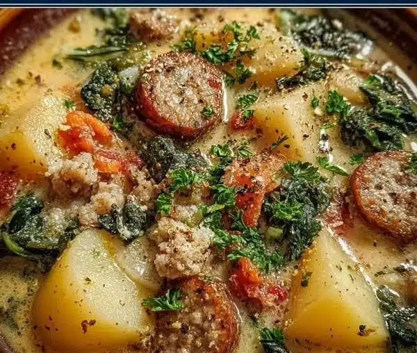 Cozy Sausage Potato Soup 9 Bowl of cozy sausage potato soup with herbs and spices garnished on top.