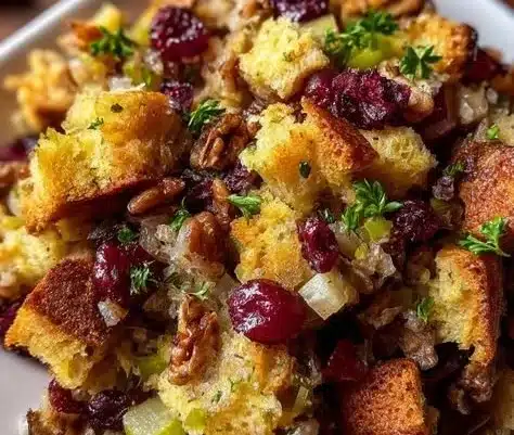 Cranberry Apple Stuffing 4 Delicious cranberry apple stuffing served in a bowl, perfect for Thanksgiving.