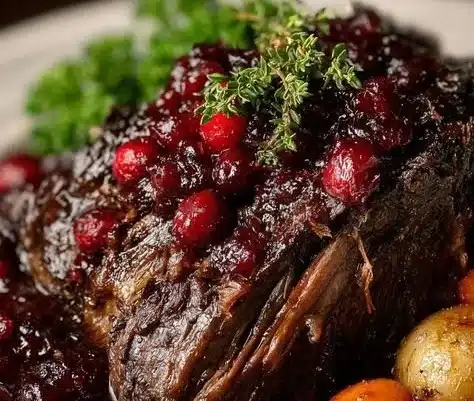 Cranberry Balsamic Glazed Beef Roast served on a plate with garnishes.