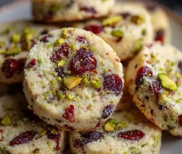 Baked cranberry pistachio shortbread cookies on a cooling rack