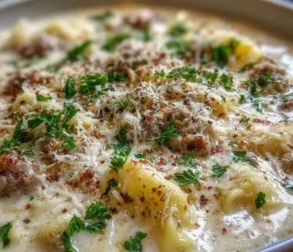 Creamy Alfredo Lasagna Soup 5 Bowl of creamy Alfredo lasagna soup garnished with herbs and cheese