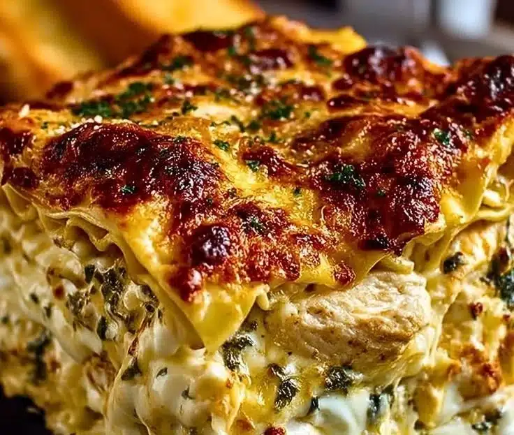 Delicious creamy chicken lasagna served in a baking dish with melted cheese on top.