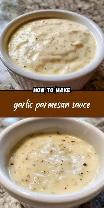 Creamy Garlic Parmesan Sauce 7 Creamy garlic parmesan sauce in a bowl with herbs and garlic cloves
