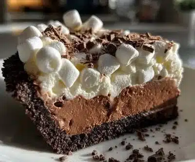 Creamy hot chocolate ice box pie topped with whipped cream and chocolate shavings