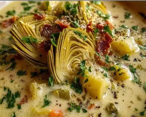 Bowl of creamy lemony Tuscan artichoke soup garnished with herbs