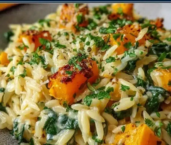 Creamy orzo dish with roasted butternut squash and spinach on a plate