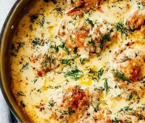 Creamy oven baked chicken thighs served with herbs and seasoning
