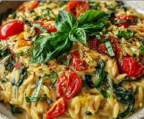 Creamy Vegan Tuscan Orzo 2 Creamy vegan Tuscan orzo served in a bowl with fresh basil