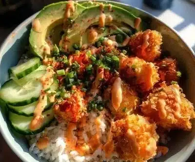 Crispy Bang Bang Salmon Bites served in a colorful bowl