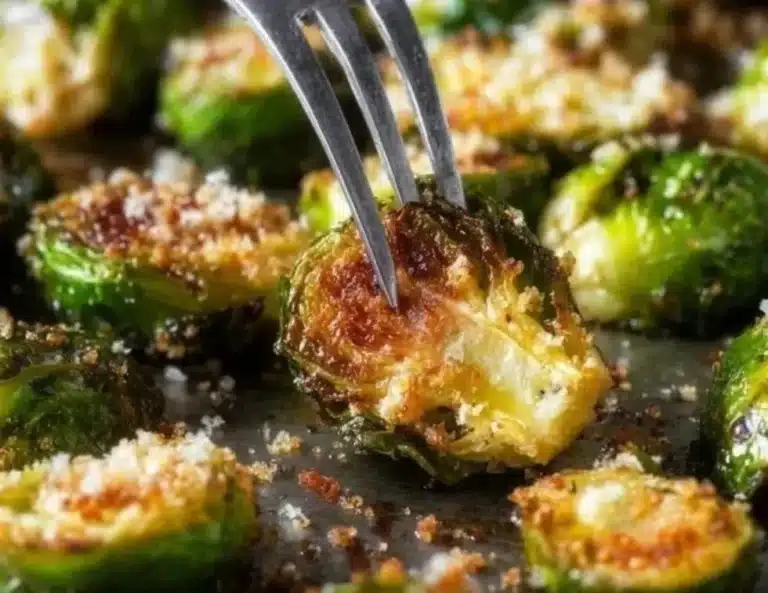 Crispy Parmesan Garlic Roasted Brussels Sprouts garnished and ready to serve