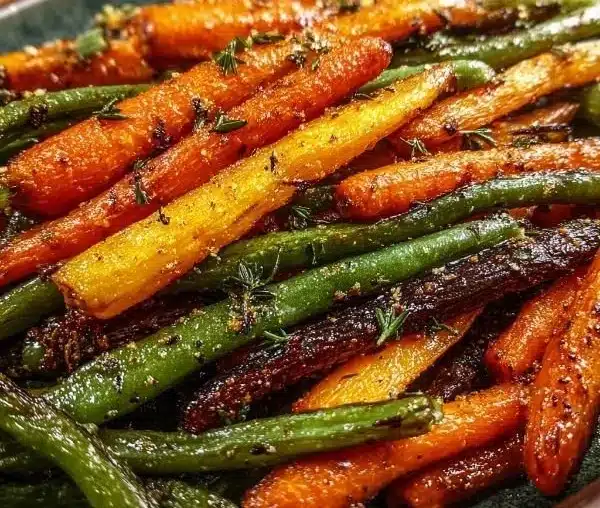 Crispy roasted carrots and green beans served on a plate