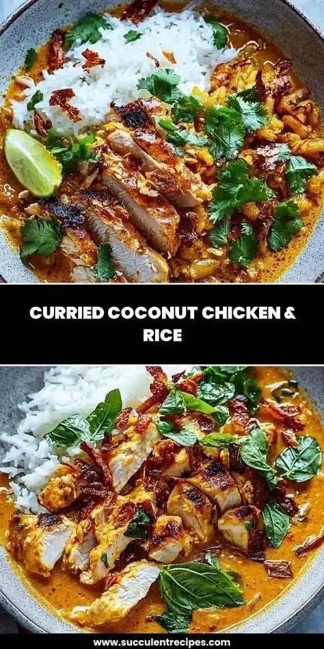 Curried coconut chicken served with fluffy rice on a plate