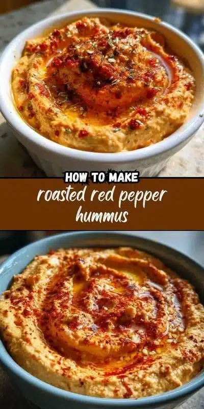 Bowl of delicious roasted red pepper hummus with pita bread and veggies