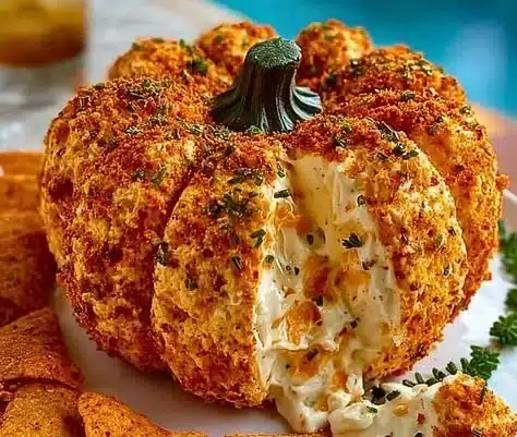 Doritos pumpkin-shaped cheese ball recipe for Halloween gatherings