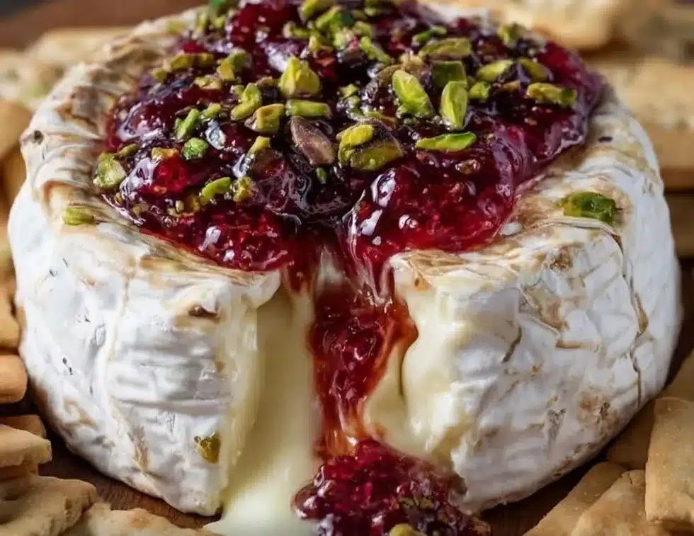 Easy baked brie topped with cranberry sauce and nuts on a wooden serving platter