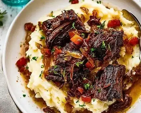 Plate of easy braised short ribs garnished with herbs