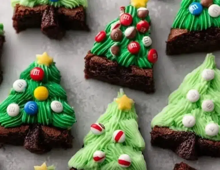 Festive Christmas brownies decorated with vibrant buttercream frosting.
