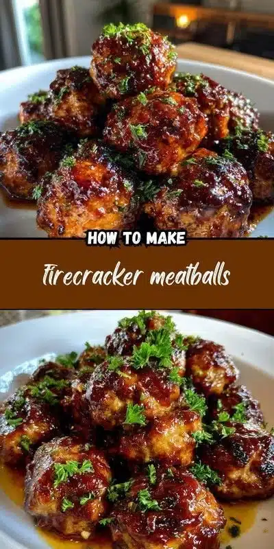 Delicious Firecracker Meatballs glazed with spicy sauce on a serving dish.