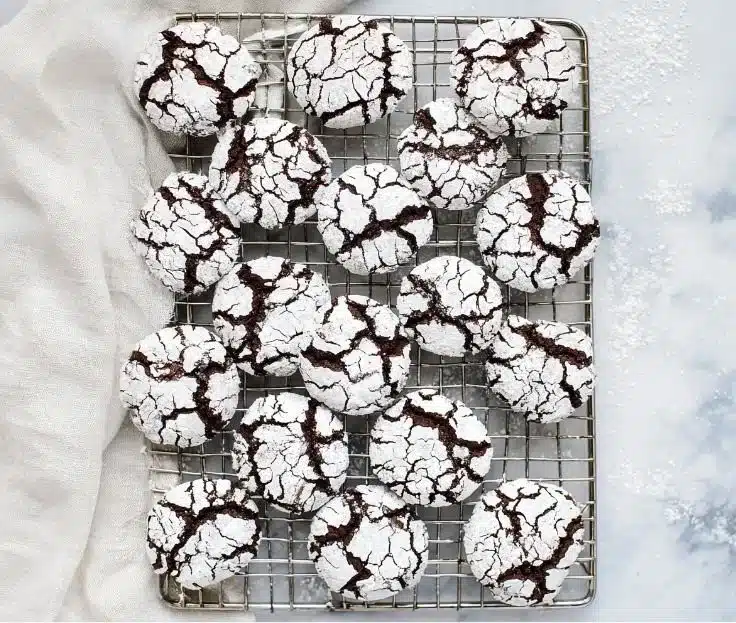 Plate of fudgy gluten-free chocolate crinkle cookies dusted with powdered sugar