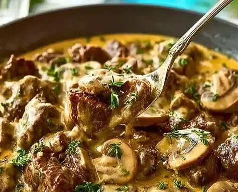 Plate of Gordon Ramsay's Beef Stroganoff with mushrooms and creamy sauce
