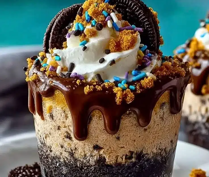 Graveyard dirt cake cups decorated with spooky elements for Halloween treats