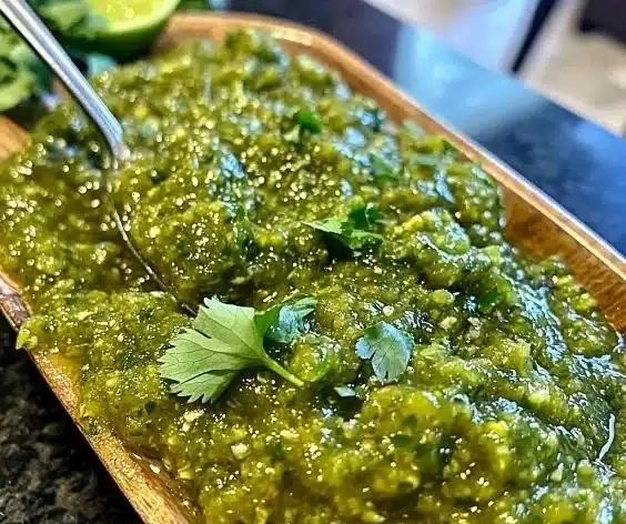 Green Tomatillo Salsa 19 Bowl of green tomatillo salsa with fresh ingredients and tortilla chips