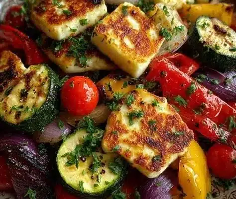 Grilled halloumi served with roasted vegetables and lemon dressing.