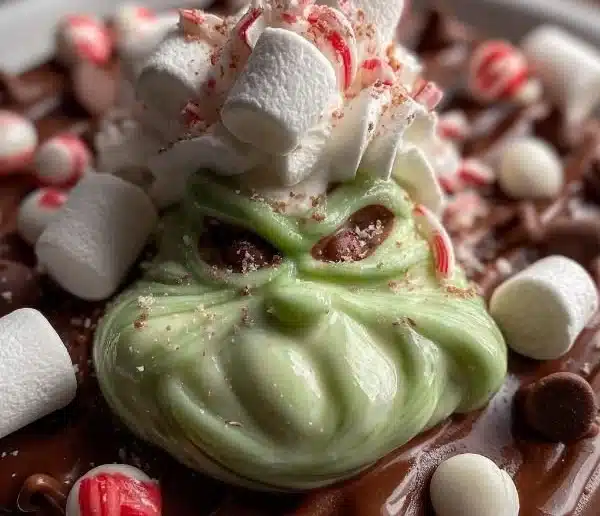Delicious Grinch Hot Chocolate topped with whipped cream and festive sprinkles