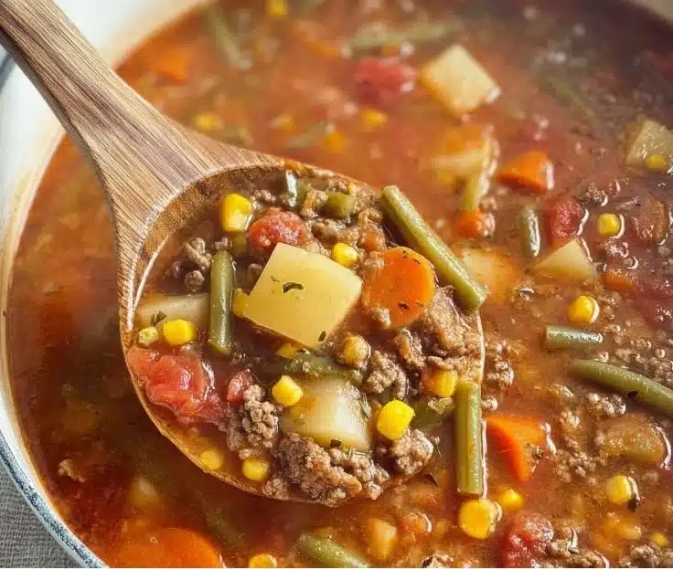 Bowl of delicious Hamburger Soup topped with fresh herbs and vegetables