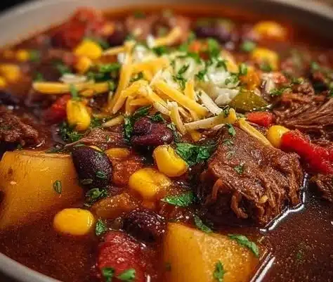 Bowl of hearty slow-cooked Southwestern cowboy stew with vegetables and meat