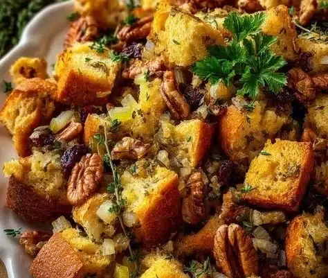 Delicious herb-infused stuffing with toasted nuts served in a dish.