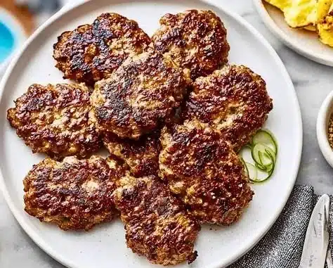 Homemade Breakfast Sausages 5 Plate of homemade breakfast sausages with herbs and spices.