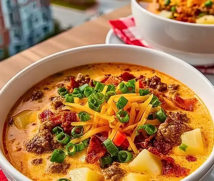 Bowl of creamy homemade cheeseburger soup topped with cheese and herbs