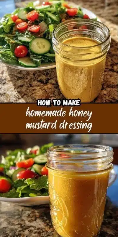 Bowl of homemade honey mustard dressing with salad in the background