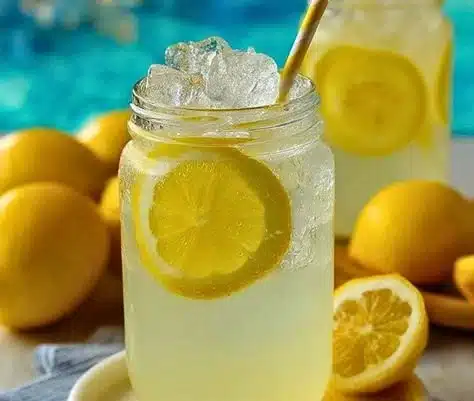 A glass of refreshing homemade lemonade with lemon slices and mint leaves